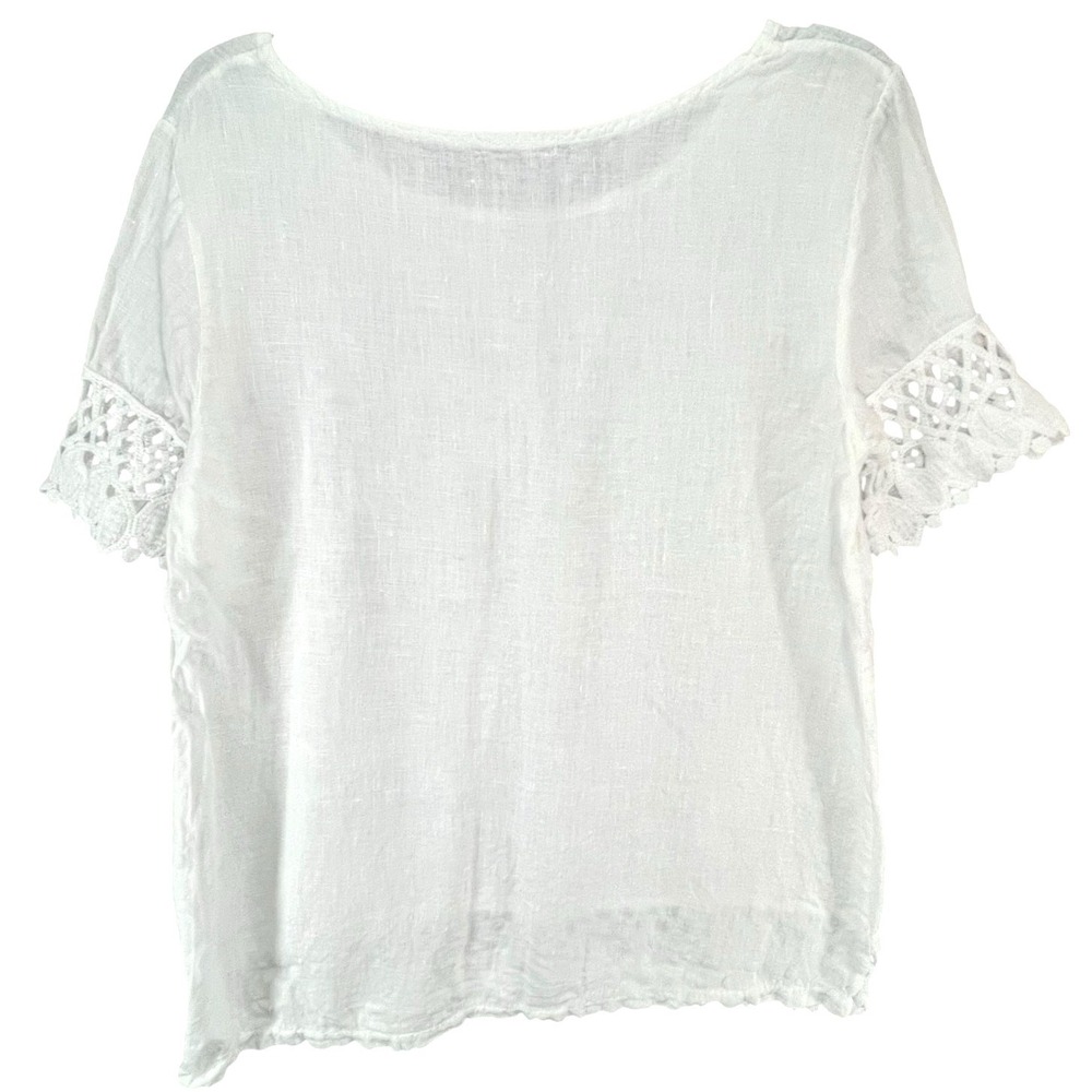 Lungo L'Arno Top Womens S White Linen Blouse Lace Crochet Cottage Beach Italy - Picture 4 of 12